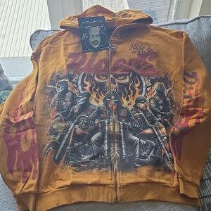 Brand New Stray XL Ride or Die Graphic Zip-Up Hoodie - Orange with Red Flames